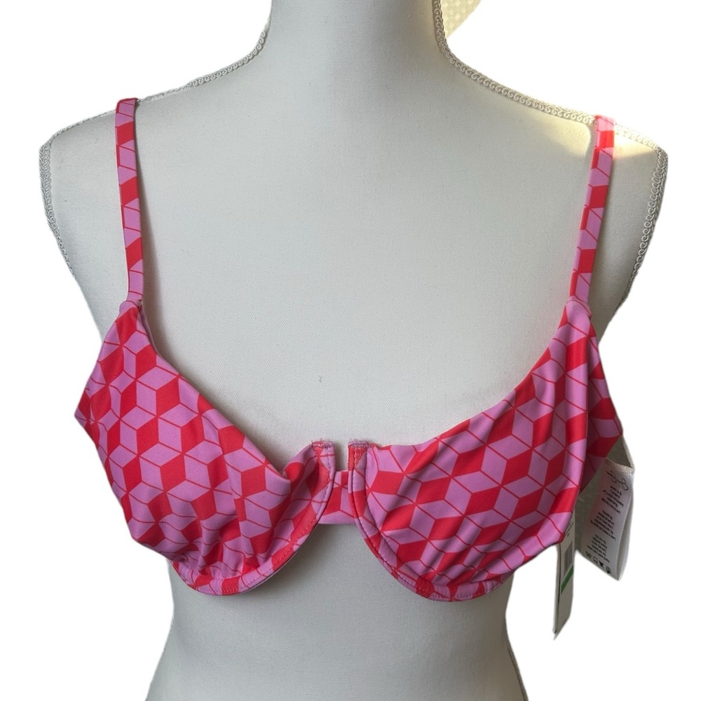 JESSICA SIMPSON women’s pink geometric shapes underwire bikini swim top sz L NWT